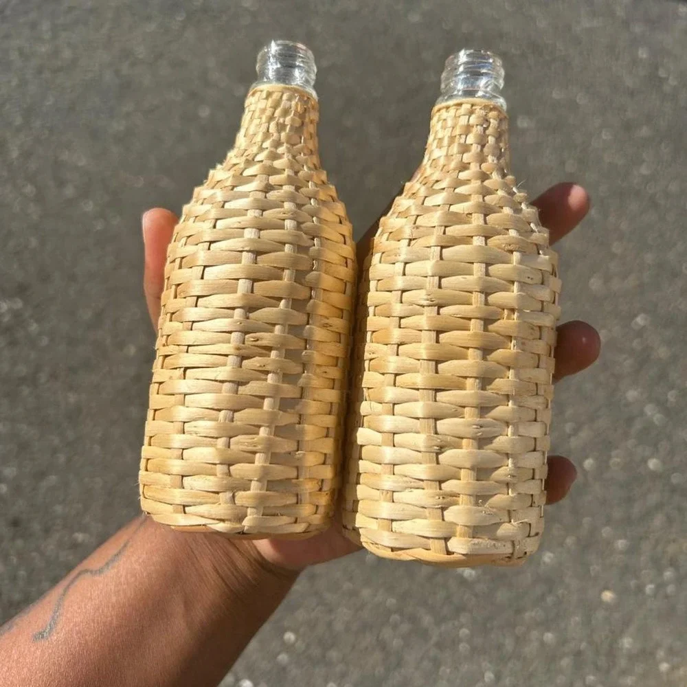 Small Rattan Wicker Wrapped Glass Bottle Vase Coastal Grandmother Cottagecore